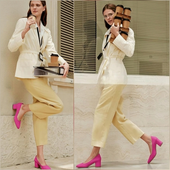 📃☔️🩵⏭️NIB Pink Suede Closed Toe Chunky Block Heel Shoes Size 8 - Picture 7 of 16